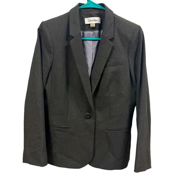 Calvin Klein Dark Gray 1 Button Front Blazer Jacket 3 Faux Pockets Womens 10P - Picture 13 of 13